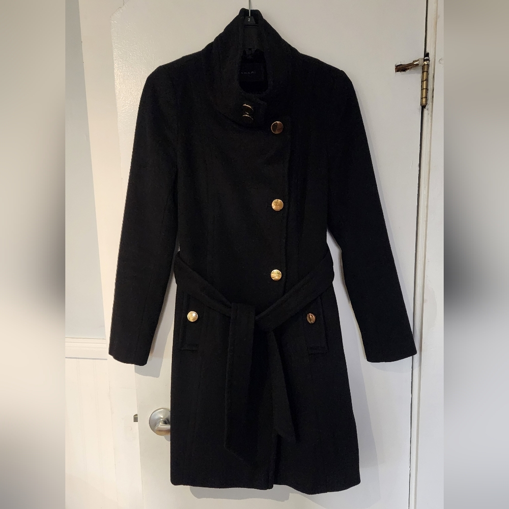 Tahari Asymmetrical Wool Blend Funnel Neck Black Pea Coat Size 2